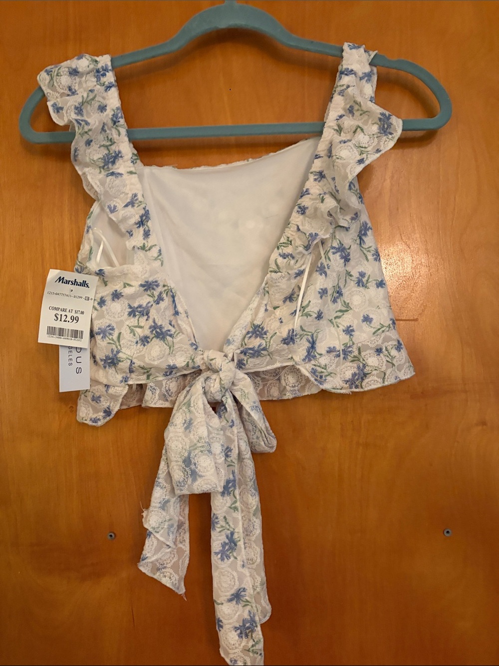 Marshalls White Floral Lace Crop Top with Blue Flower Print and Front Tie